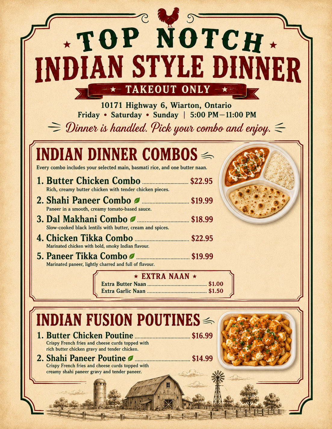 Original Top Notch Indian Style Dinner takeout menu poster