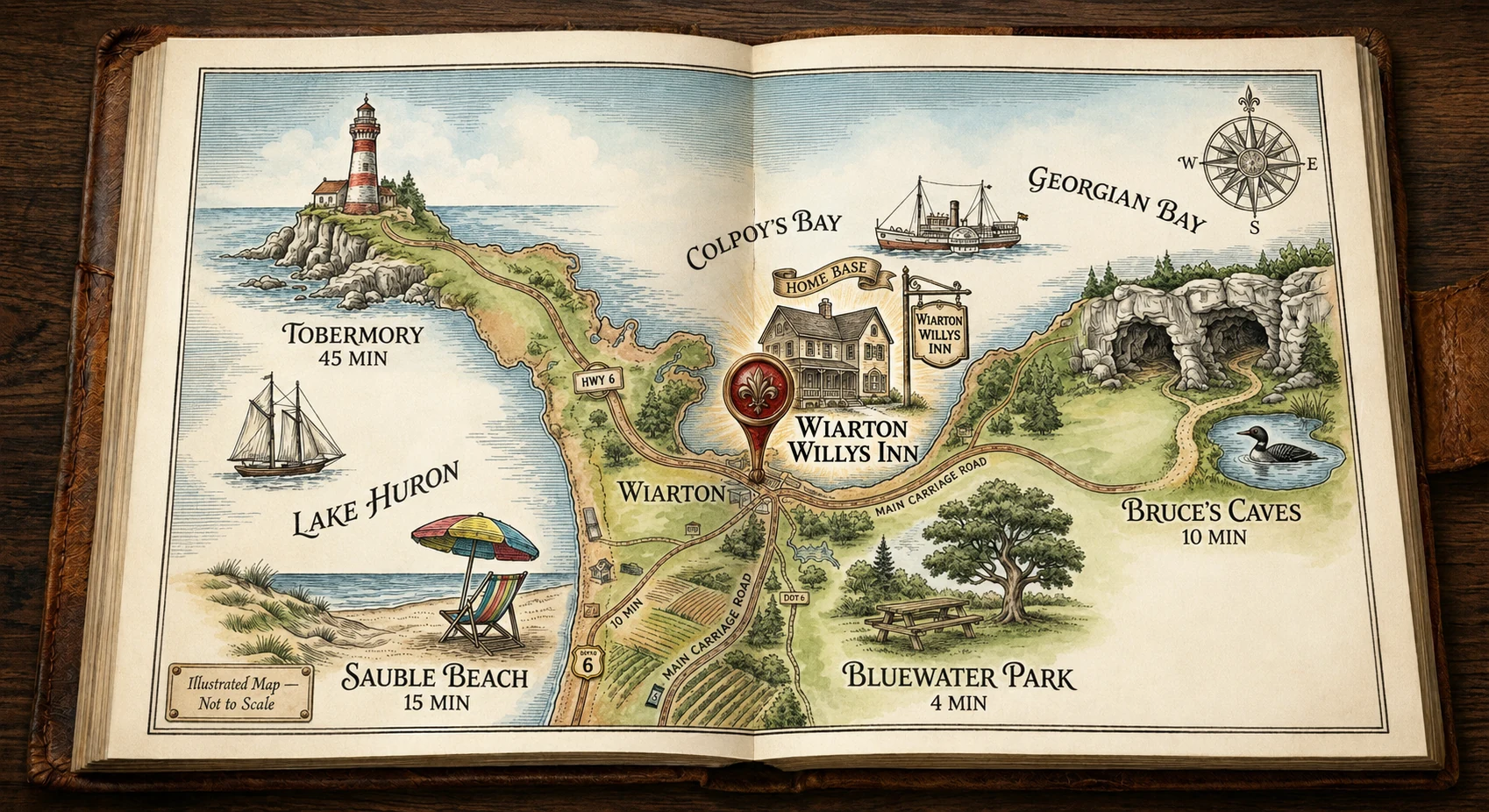 Illustrated not-to-scale map showing Wiarton Willys Inn near Bluewater Park, Sauble Beach, Bruce’s Caves, Tobermory, and Highway 6 on the Bruce Peninsula.